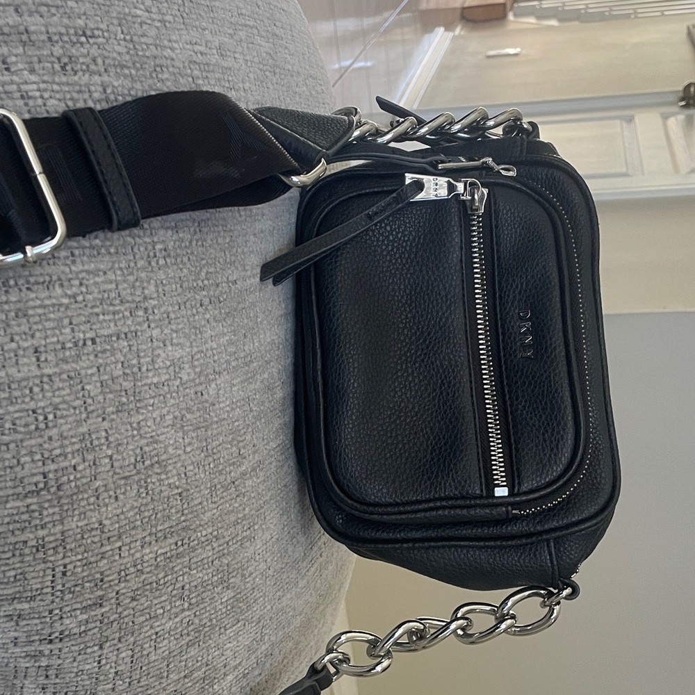DKNY Black Belt Bag with Silver Accents